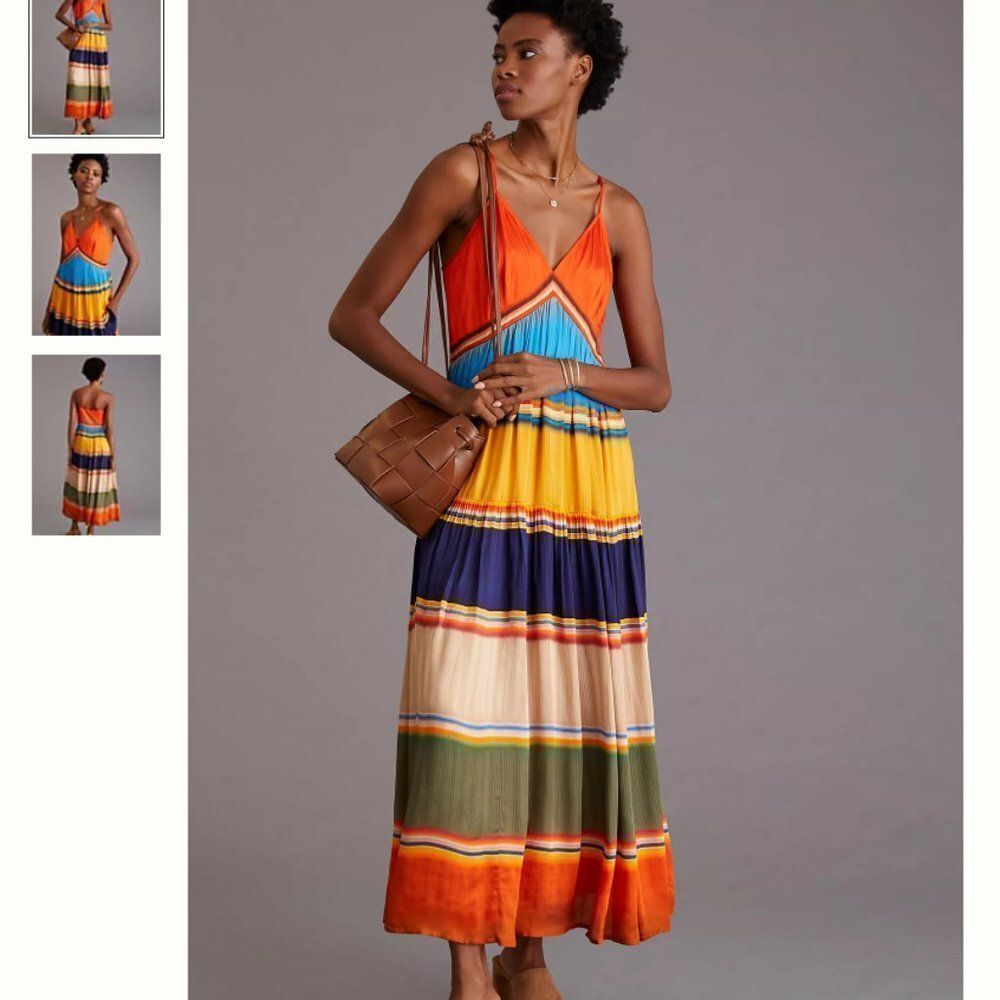 Anthropologie Striped Maxi Dress in Orange, Blue, Yellow, Green, Navy